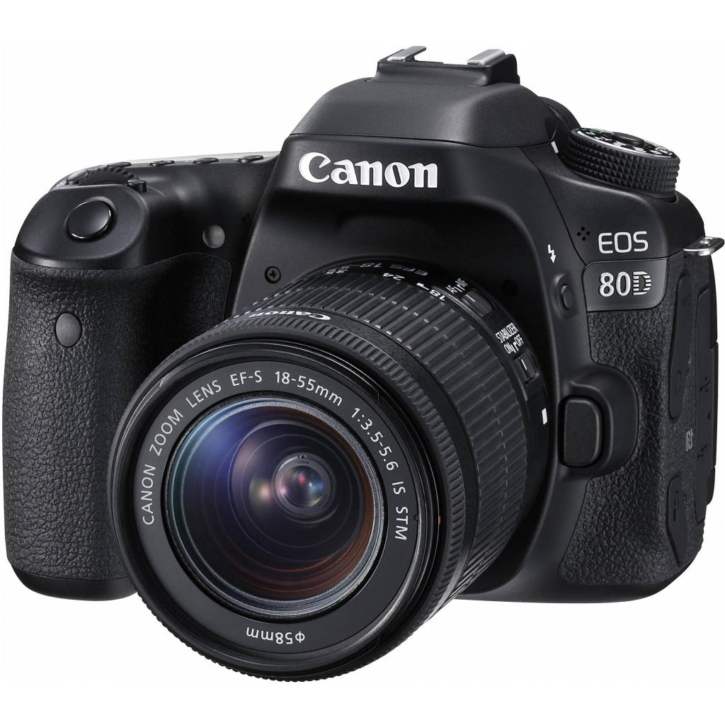 Photograph of the Canon 80D DSLR camera with an attached 35mm lens.
