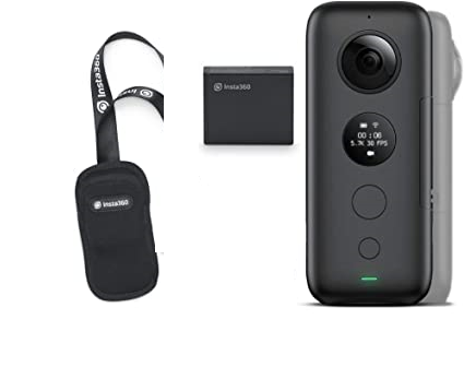 A photograph of the Insta360 One X camera, battery and carry pouch.