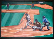 Painting of baseball game showing pitcher, catcher, and batter.